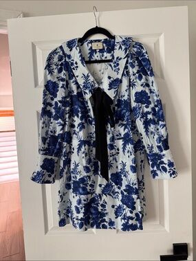 Tuckernuck Blue and White Floral Trench with Black Neck Tie